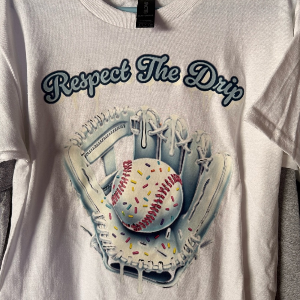Gildan White Kids Tee with 'Respect The Drip' Baseball Glove Graphic